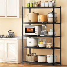 a kitchen shelving unit filled with lots of food and storage containers on top of it