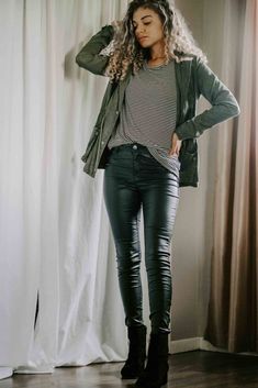 How To Style Green Leather Pants, Green Faux Leather Pants Outfit, Green Leather Pants For Fall, Chic Green Leather Pants For Spring, Chic Green Leather Pants For Work, Chic Fitted Green Leather Pants, Green Leather Pants Outfit, Staple Outfits, Green Leather Pants