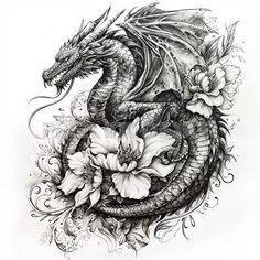 a dragon and flowers tattoo design