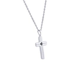 This classic and elegant Silver and Black Cross Intersect Diamond Necklace makes a perfect accessory for any look. Crafted from sterling silver, the 22" chain features a single black diamond in the center of the cross for an elevated finish. Classic Diamond Cut Cross Necklace In White Gold, White Gold Polished Cross Necklace, Formal Polished Cross Pendant Necklace, Elegant Stainless Steel Cross Pendant Necklace, Elegant Cross Pendant Jewelry For Memorial, Polished Cross Necklace For Formal Occasions, Elegant Stainless Steel Cross Necklace, Formal Polished Cross Necklace, Elegant Cross Jewelry For Memorial