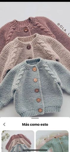 four sweaters are shown with buttons on the front and back, all in different colors