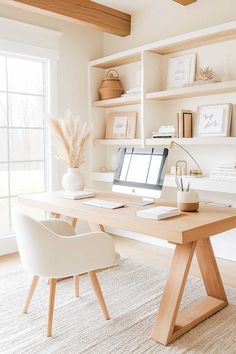 25+ Minimalist Dream Home Office Decor Designs Home Office Walls Ideas, Standing Desk In Home Office, Neutral Color Office Ideas, White And Wood Home Office, Office Set Up At Home, 2 Person Desk Setup, L Shaped Desk Office Ideas, Colorful Home Office Decor, Cute Study Space