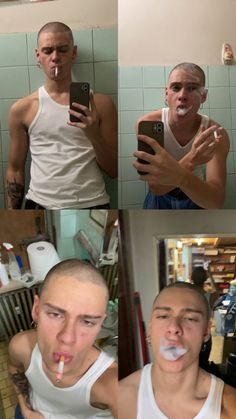 four pictures of men brushing their teeth in front of a mirror with one man taking a selfie and the other looking at his cell phone