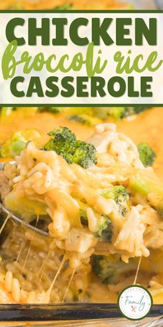 chicken broccoli rice casserole is being scooped from the casserole dish