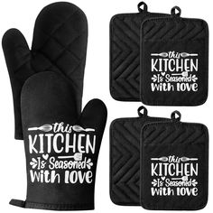 three oven mitts and one pot holder with the words, this kitchen is seasoned with love