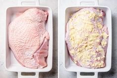 two trays filled with raw chicken sitting next to each other