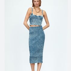 Zara Blue Washed Tie-Dye Acid Washed Midi Skirt Set. Size Small, Fits True. Fabric Is 96% Cotton And Elastic Blend, Has Plenty Of Stretch To It. Cropped Spaghetti Strap Top, Midi Length Pencil Skirt. New With Tags. Offers Welcome! Summer Blue Washed Skirt, Fitted Washed Blue Skirt For Summer, Spring Blue Washed Skirt, Fitted Blue Washed Skirt, Cropped Spaghetti Strap, Midi Skirt Set, Zara Skirts, Spaghetti Strap Top, Strap Top