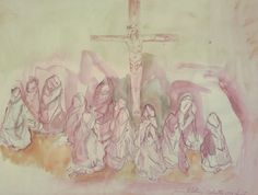 a drawing of the crucifix with many people around it