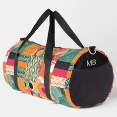 Monogram Colorful Modern Patchwork Pattern Personalized Name Duffle Bag features an elegant colorful and modern patchwork pattern in black, green, orange, pink, purple and yellow. Add your custom monogram, name or text for a fabulous gift for family and friends. Created by Evco Studio www.zazzle.com/store/evcostudio Customizable Multicolor Bags For Personalized Gifts, Modern Patchwork, Purple And Yellow, Duffle Bags, Patchwork Patterns, Custom Monogram, Gift For Family, Green Orange, Duffel Bag