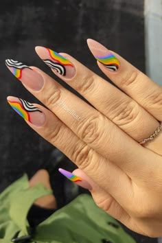 Coffin Pride Nails, Pride Nails Stiletto, Pride Nails Black, Rainbow Checkered Nails, White And Rainbow Nails, Pride Nails 2024, Pride Inspired Nails, Queer Nails Art, Pride Nails 2023