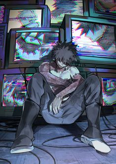 an anime character sitting on the floor in front of televisions with colorful images behind him