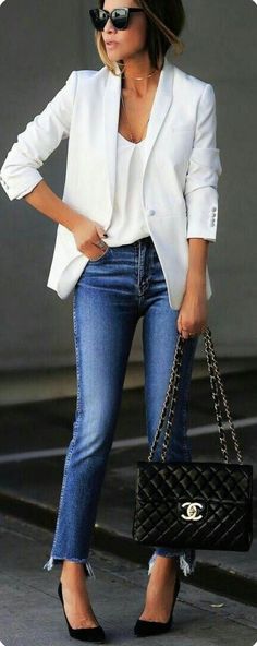 Estilo White Blazer Work, Blazer And Jeans, Spring Work Outfits