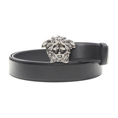 VERSACE La Medusa ruthenium silver buckle black leather belt 110cm 42-46" Reference: TGAS/C00808 Brand: Versace Designer: Donatella Versace Model: DCU4804 DVTP1 D41E Collection: La Medusa Material: Leather, Metal Color: Black, Silver Pattern: Solid Closure: Pin Extra Details: Signature La Medusa belt from Versace's permanent collection. Ruthenium silver-tone La Medusa emblem buckle. Black leather belt. Estimated Retail Price: USD 580 Made in: Italy CONDITION: Condition: Unworn in mint condition, Silver Leather Belt Buckle With Logo Plaque, Silver Leather Belt With Logo Plaque, Luxury Black Belt With Silver Buckle, Designer Silver Leather Belt, Elegant Black Belt With Silver-tone Logo, Designer Black Belt Buckle With Silver-tone Logo, Luxury Leather Belts With Silver Buckle, Luxury Silver Belt Buckles With Logo Plaque, Designer Black Belt Buckles With Silver-tone Logo