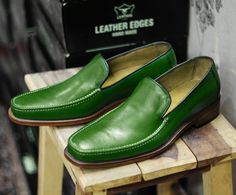 Wow picks! New Handmade Green Leather Loafers Shoes For Men's at $159.0 Choose your wows. 🐕 #Handmade #Shoes #Leather #jacket #sale #outwear #chelsea #fashion #studdedjacket #biker Green Plain Toe Loafers With Leather Sole, Luxury Green Slip-on Leather Shoes, Luxury Green Leather Slip-on Shoes, Luxury Green Leather Loafers, Green Leather Sole Slip-on Loafers, Loafer Shoes For Men, Chelsea Shoes, Mens Loafers Shoes, Cap Toe Shoes