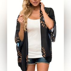 New! Women's Plus Size Greek Evil Eye All-Knowing Eye All-Seeing Eye Devil's Eye Eye Of Protection Kimono Wrap Semi-Sheer Lightweight Flowy Airy Soft, Breezy Cardigan/Summer Swimsuit Cover-Up/Wrap Resort Vacation Cruise Boat Elevate Your Beachwear To Goddess Status With This Lightweight, Flowy & Airy, Breezy Grecian Greek Evil Eye Swimsuit Cover-Up. This Versatile Piece Can Be Worn Year-Round As A Cardigan/Duster Or Wrap, Making It A Must-Have Versatile Stand-Out Piece For Any Wardrobe. The Ligh Fitted Black Casual Cover-up, Black Summer Top For Beach Cover-up, Black Long Sleeve Summer Cover-up, Black V-neck Cardigan For Vacation, Black Summer Cardigan For Day Out, Black Fall Vacation Cover-up, Casual Black Open Front Cover-up, Trendy Black Cardigan For The Beach, Black Cardigan For Spring Vacation