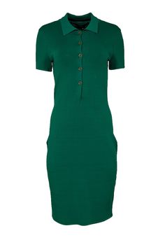 Stay cool, comfortable, and stylish in this Yigal Azrouel midi dress! The Kelly green color adds a pop of fun to your wardrobe, while the short sleeves and collared neckline keep it versatile. Perfect for a weekend outing, pair it with slide sandals and a mini bag for effortless style. Size M 87% Rayon, 12% Nylon, 1% Spandex Unlined Quarter button front Collar neckline Short sleeve Bust 34" Waist 16" Shoulder to hem 40.5" Sleeve length 7.5' Green Fitted Midi Shirt Dress, Fitted Green Midi Dress With Short Sleeves, Spring Short Sleeve Polo Dress For Work, Fitted Polo Dress With Short Sleeves For Work, Fitted Short Sleeve Polo Dress For Work, Green Knee-length Buttoned Shirt Dress, Green Knee-length Casual Shirt Dress, Casual Green Knee-length Shirt Dress, Casual Green Midi Dress With Buttons