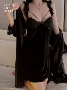 Embrace the luxurious feel of velvet for a night of restful elegance.#plushvelvet #plussizenightwear #strappypajamas #eleganthomewear #luxuriousloungewear #velvetpajamas #opulentcomfort #womenssleepwear #cozyrobe #loungingensemble #nightwearset #homeattire #sleepinstyle #comfortablefashion #plussizeloungewear #sleepingbeauty Fitted Long Sleeve Sets For Night, Fitted Solid Sleepwear For Lounging, Fitted Solid Color Sleepwear For Lounging, Black Fitted Sleep Sets, Black Stretch V-neck Sleepwear, Fitted Lace Trim Sleepwear Set, Fitted Solid Sleepwear, Black V-neck Stretch Sleepwear, Black Stretch Sleepwear For Bedtime