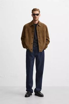 SUEDE LEATHER JACKET - Brandy | ZARA United States Men’s Business Casual Jacket, Men Over 30 Fashion, Casual Rugged Mens Fashion, Zara Men’s Clothing, Mens Outfits Autumn, Men’s Elevated Casual, Copenhagen Mens Style, Men’s Denim Jacket, Japanese City Boy Fashion