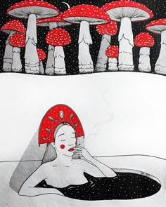 a drawing of a woman sitting in a pool surrounded by mushrooms