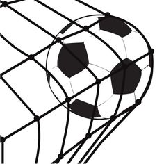 a black and white photo of a soccer ball stuck in a wire fence with the goal