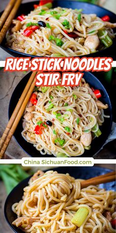 two pictures showing different types of stir fry noodles in black bowls with chopsticks