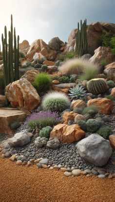 a garden with rocks and cactus plants