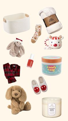 the contents of a baby's gift set including shoes, socks and other items