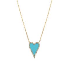 Turquoise & Diamond Outline Heart Chain Necklace  14K Yellow Gold 0.11 Diamond Carat Weight 0.82 Turquoise Carat Weight Chain: 16-18 Long Heart: 0.62 Long X 0.42 Wide Turquoise Diamond Necklace Fine Jewelry, Turquoise Diamond Necklace In Fine Jewelry Style, Turquoise Diamond Pendant Necklace, Blue Heart Pendant Necklace With Diamond Accents, Blue Diamond Heart Necklace, Heart Necklace Outfit, Turquoise Heart Necklace, Diamond Outline, Heart Chain Necklace