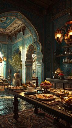 an elaborately decorated room with food on the table