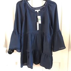 This Navy Blue Spense Peasant Top Is Beautiful. Nwt. Size L. Casual Bell Sleeve Peasant Top For Spring, Spring Vacation Tunic Peasant Top, Fall Vacation Tunic Peasant Top, Fall Peasant Tunic Top For Vacation, Blue Flowy Peasant Top For Spring, Casual Bell Sleeve Peasant Top For Summer, Flowy Casual Peasant Top For Vacation, Flowy Peasant Top For Vacation, Blue Flowy Bohemian Peasant Top