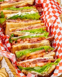 several sandwiches are lined up in red and white baskets with french fries on the side