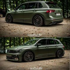 the side and back view of a green car