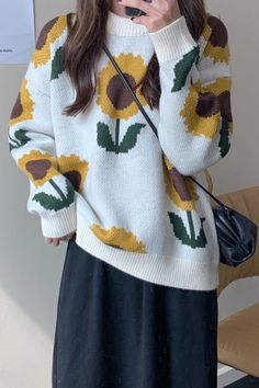 O-Neck Sun Flower Pattern Knitted Sweater – Nada Outfit Land Spring Sweater, Sunflower Pattern, Knitting Women Sweater, Vintage Casual, Vintage Sweaters, Knitted Sweater, Flower Pattern, Negative Feedback, Customer Satisfaction