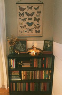 a bookshelf filled with lots of books next to a painting on the wall