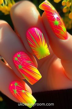 Nail Art Designs Acrylic Short, Bright Acrylic Nails Designs, Ombre Summer Nails Neon, Neon Nail Designs 2024, Fun Neon Nails, Summer Bright Nails, Gel Nails Design Ideas, Neon Glitter Nails, Neon Summer Nails