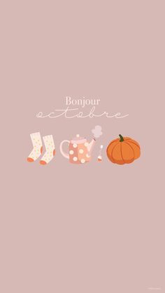 a pink background with an orange pumpkin and teapot on it, the words bonjou coffee written in white