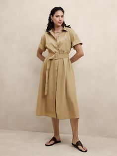 Poplin Midi Shift Shirtdress | Banana Republic Factory Collared Neckline Shirt Dress For Work, Collared Shirt Dress With Placket, Solid Color Cotton Shirt Dress For Work, Fitted Collared Shirt Dress With Rolled Sleeves, Daywear Shirt Dress With Button Cuffs And Collared Neckline, Summer Workwear Shirt Dress With Rolled Sleeves, Collared Shirt Dress With Placket For Office, Elegant Relaxed Fit Shirt Dress With Buttons, Elegant Cotton Shirt Dress With Button Closure