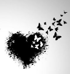 the silhouette of a heart with butterflies flying out of it's back side, in front of a white background