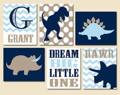 dinosaur nursery wall art prints in blue and gray