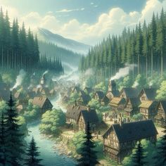 a painting of a village in the middle of a forest filled with trees and mountains