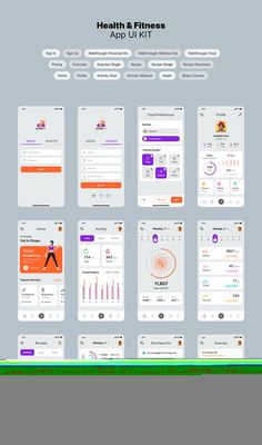 Health & Fitness App UI Kit An app ui kit to serve the purpose of the health and fitness industry Health And Fitness App Design, Health Tracker App, App Wireframe, Application Ui Design, Profile App