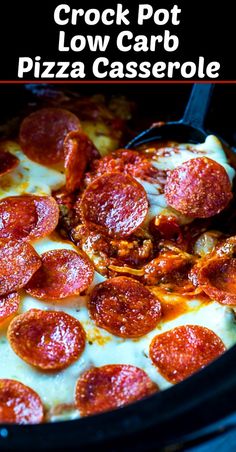 the crock pot is filled with pepperoni pizza casserole