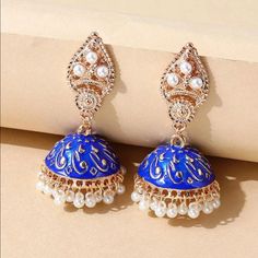 Very Beautiful Blue And Gold Earrings Bohemian Blue Earrings For Party, Blue Metal Earrings For Festive Occasions, Blue And Gold Earrings, Birthday Night, Purple Dangle Earrings, Types Of Earrings, Pumpkin Earrings, Indian Earrings, Jhumka Earrings