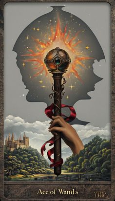 a painting of a hand holding a key with fire coming out of it and the words ace of wands written below