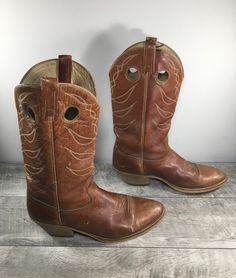 "Up on ETSY for buy it now is a pair of good condition, Vintage Acme Dingo Punchy Buckaroo Cowboy Western Leather Mens Boots. Made in USA. Size 10.5 D, Medium US. Leather uppers. Rubber soles and rubber heels. From smoke-free home. Clean inside and out. Very well built and sturdy. Approximate Outside Dimensions: 12.5 inches heel to toe by 4.25 inches across the ball of footwear by 2.25 inches tall heels by 14.5 inches tall. Sold as is gently used.  Please check out the pictures. If you need more Tall Heels, Mens Cowboy, Western Leather, Cowboy Western, Mens Shoes Boots, Western Cowboy Boots, Rubber Heels, Western Cowboy, Western Boots