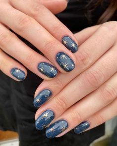 Cute Nye Nails, Blue Nails Gold Stars, Simple Celestial Nails, Blue Nails With Gold Stars, Ren Faire Nails, Short Nye Nails, Nye Nail Designs, Nye Nails Short, French Manicure Long Nails