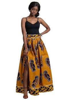 Ayomide African Print Maxi Skirt ( Brown - Gold) Party Brown Lined Maxi Skirt, Elegant Yellow Maxi Skirt, Fitted Wide Leg Brown Maxi Skirt, Brown Long Skirt For Party, Yellow Wide Leg Maxi Skirt With Lining, Fitted Yellow Maxi Skirt, Flowy Maxi Skirt With Side Slits, Long Maxi Skirt With Side Slits, Yellow Full Maxi Skirt