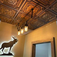 the light fixture is lit up on the ceiling above the deer head and lantern lights