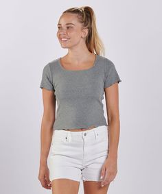 Feminine and flirty, the Baby Rib Top offers cool cotton comfort with just a hint of stretch. Enjoy a contemporary, slightly smaller shirt length with a square neck, lettuce-edge sleeve and hem. An undeniably adorable style that will add flare to any casual look. 5.9 oz., 95% cotton, 5% spandex square neckline lettuce edge sleeve and bottom opening machine wash cold; tumble dry low made in China Fitted Square Neck T-shirt For Spring, Basic Square Neck Cotton Tops, Fitted Cotton T-shirt With Square Neck, Cotton Fitted Top T-shirt With Square Neck, Casual Square Neck T-shirt For Everyday, Casual Square Neck T-shirt, Cotton Square Neck T-shirt For Summer, Adorable Style, Rib Top