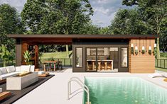 a pool house with an outdoor kitchen and dining area next to the pool is surrounded by greenery